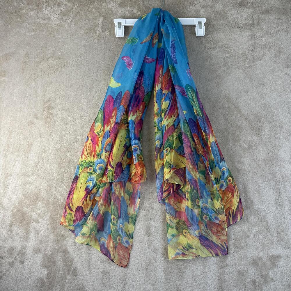 Flower Fairies Scarf Womens One Size Multicolor Feather Print Chiffon Rectangle